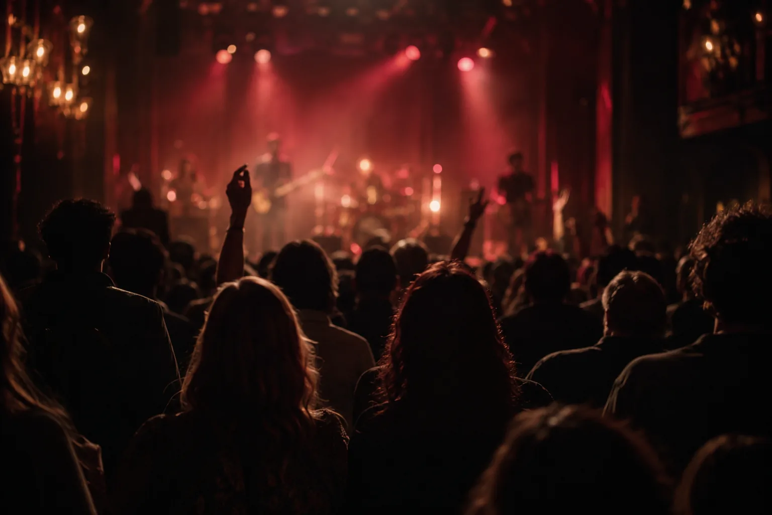 An audience watching live music under oxblood stage lights.