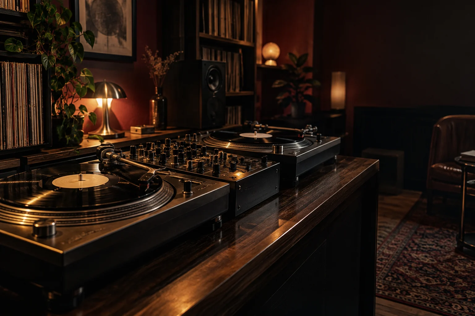 Two turntables and an analog mixer in a warmly lit DJ booth with dark wood and oxblood walls.