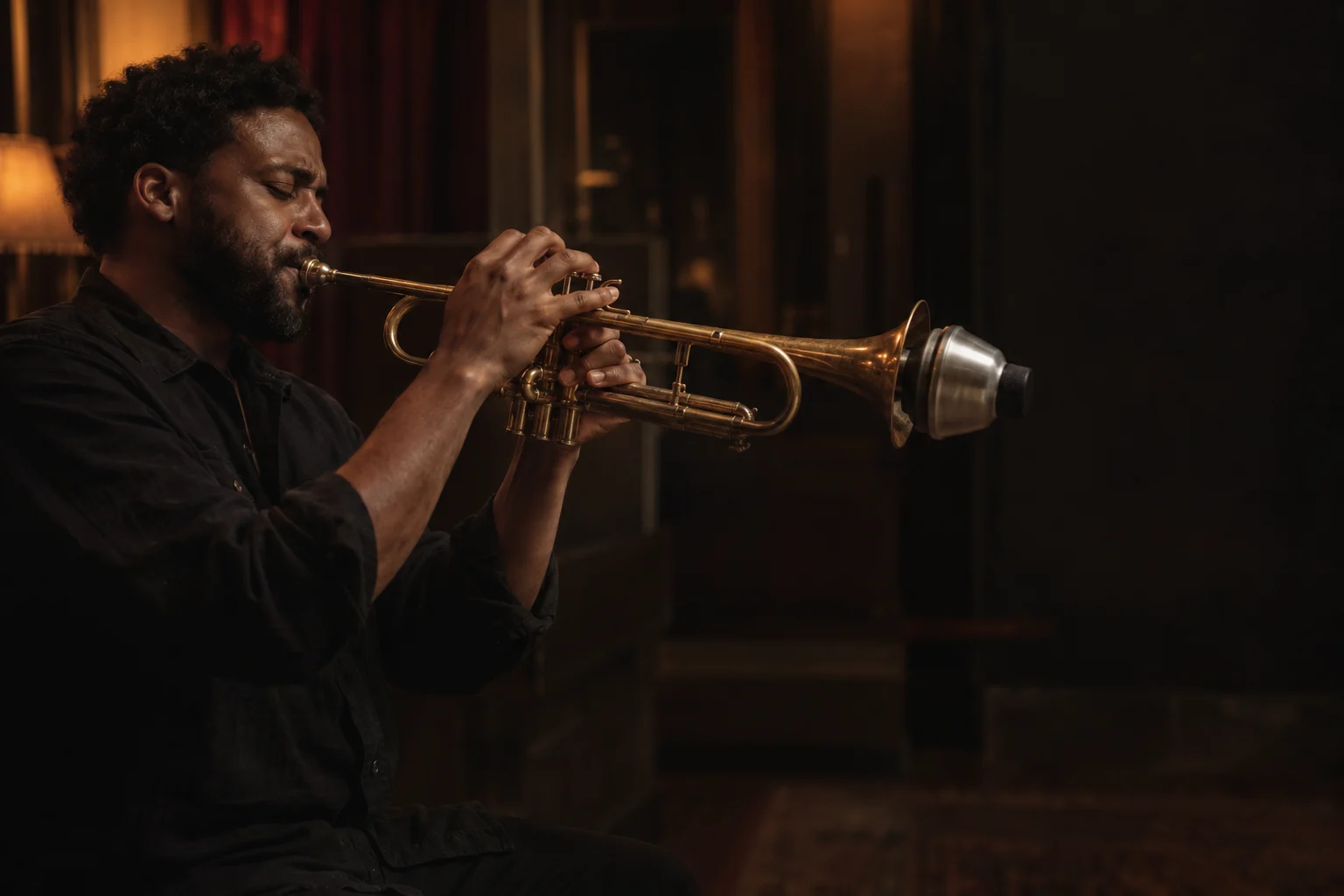 A musician playing a muted brass trumpet in a warmly lit room with oxblood curtains.