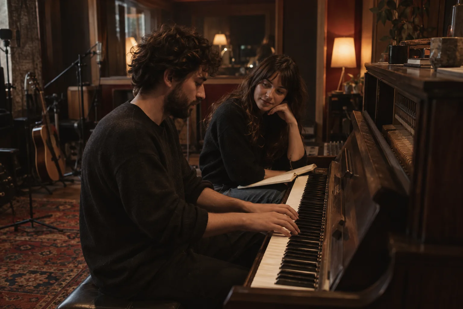 Two musicians collaborating at an upright piano in a warmly lit recording studio.