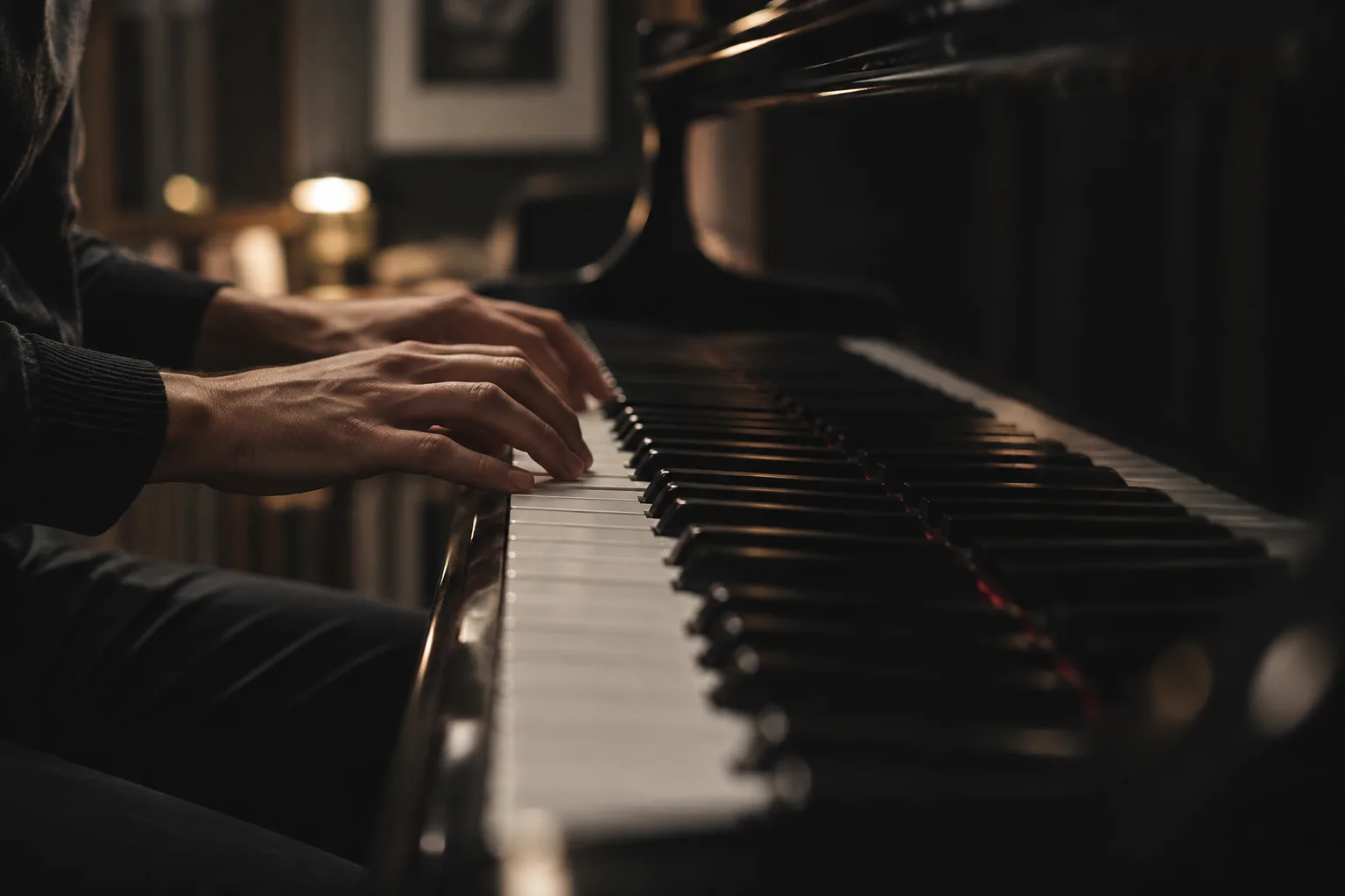 A pianist playing in a softly lit recording studio.