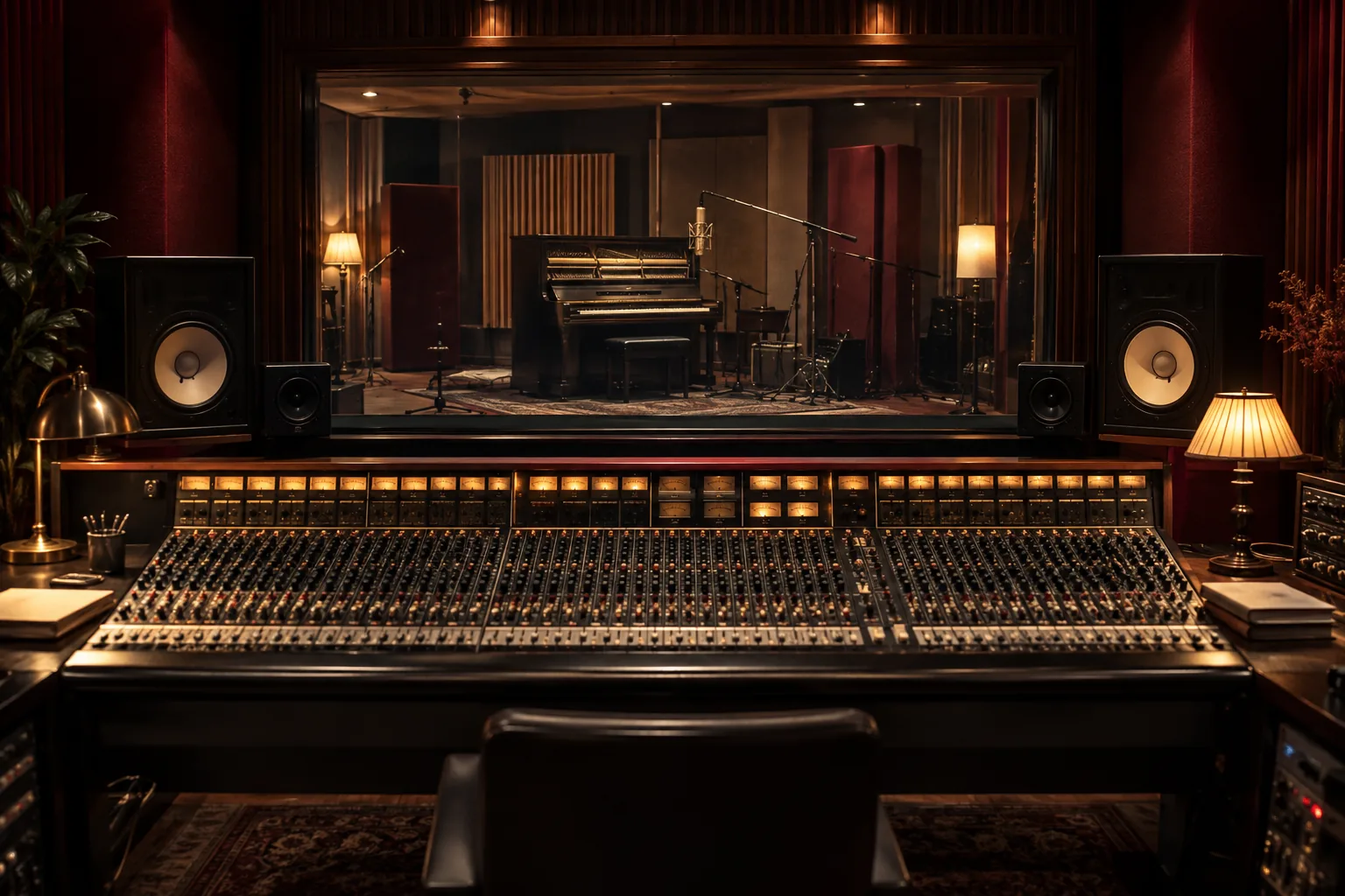 An analog recording console facing the live room of a warmly lit studio.