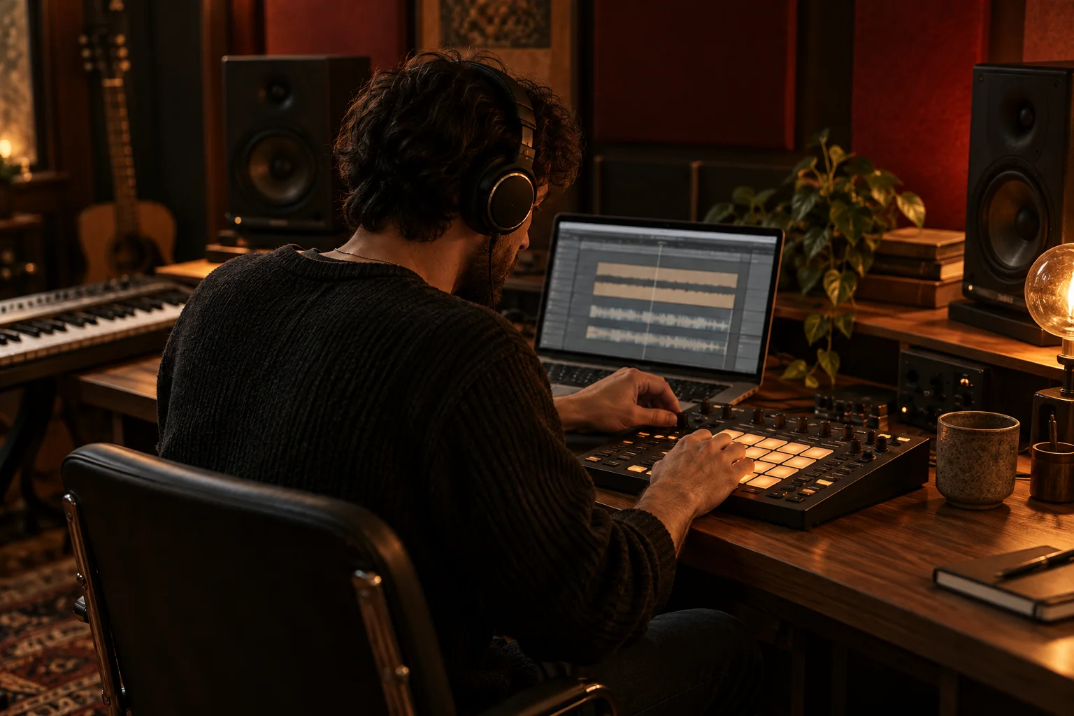A headphone-wearing producer working with a sampler and laptop in a warm, oxblood-toned recording studio.