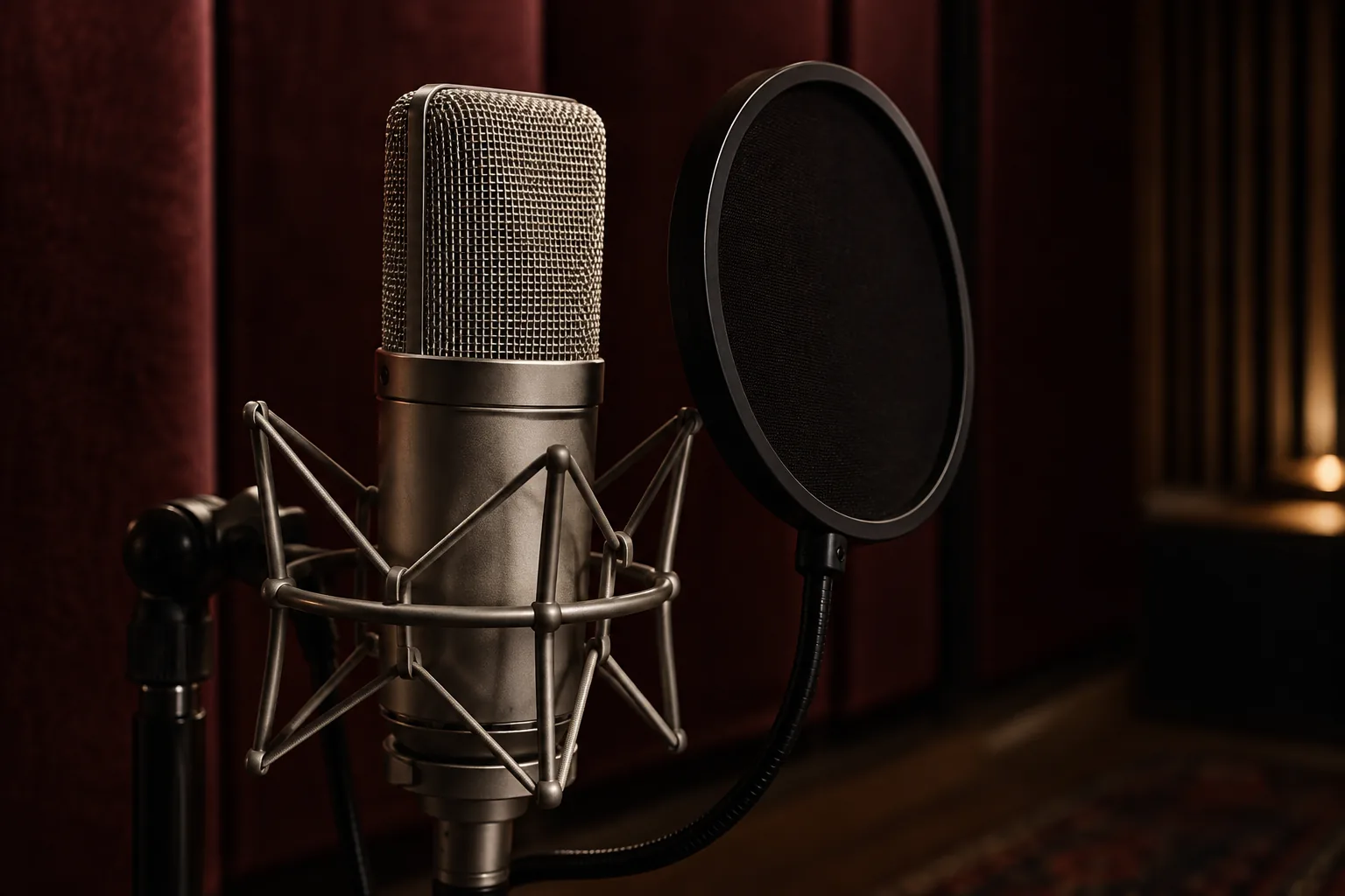 A silver studio microphone against dark oxblood acoustic fabric.