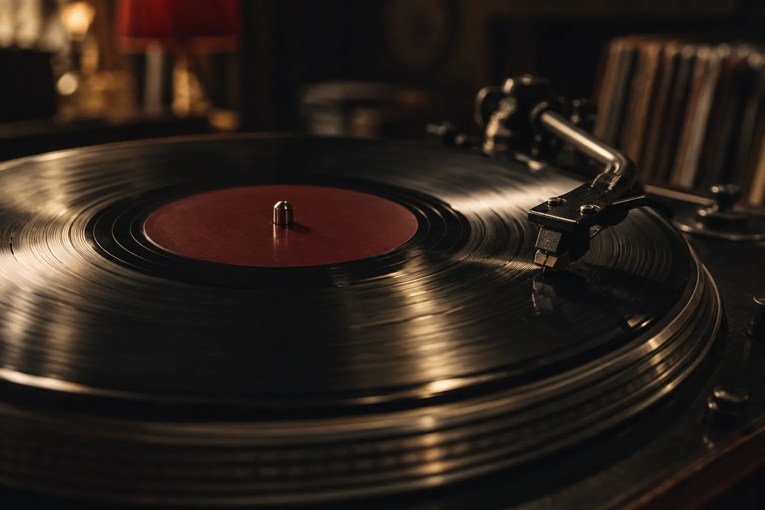 A vinyl record playing on a turntable in warm, low light.