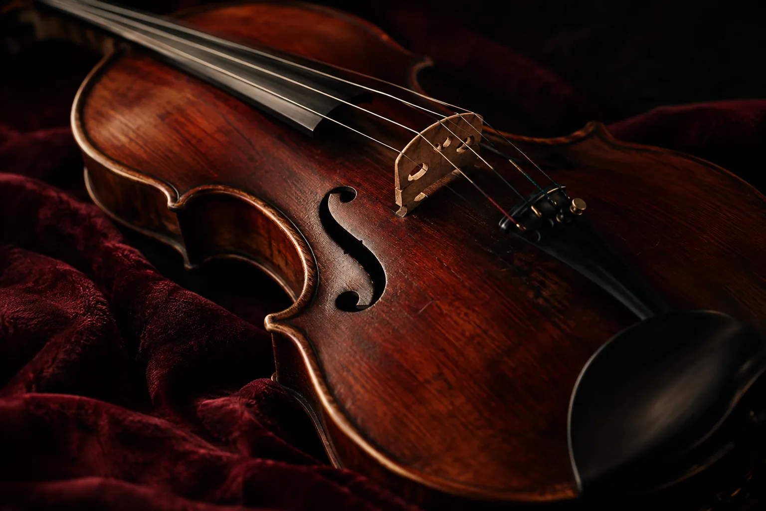 The curved wooden body and strings of a violin on oxblood fabric.
